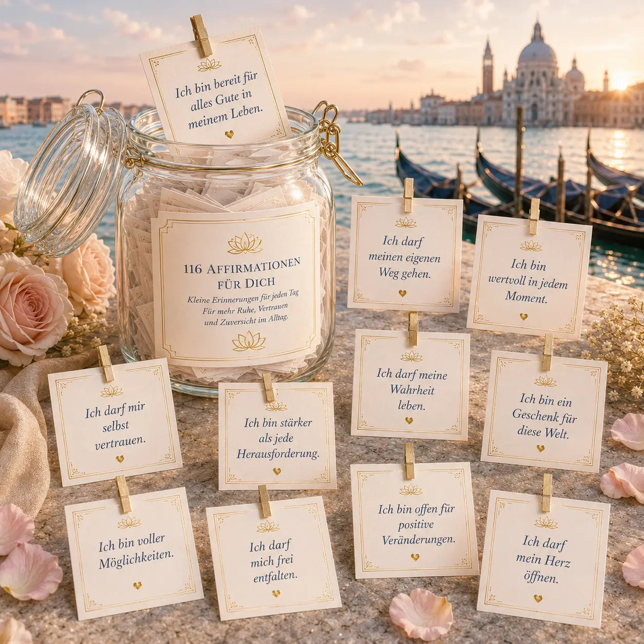 Affirmationskarten ausgebreitet vor einem Glas mit Etikett „116 Affirmationen für dich“, venezianische Kulisse – Divine Whispers Selbstliebe-Set zum Ausdrucken
