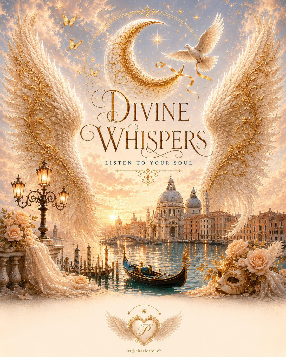 Engel mit Mond über Venedig – Divine Whispers Poster, spirituelles Symbol für karmische Verbindungen und seelische Klarheit
