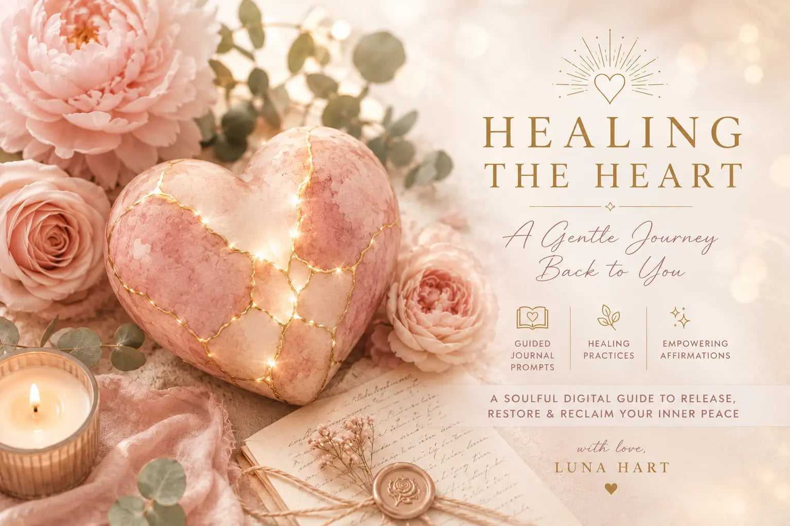 Cover des E-Books SOS Herzschmerz mit leuchtendem rosa Herz, Rosen und Kerze – Spirituelle Erste Hilfe für schwere Stunden