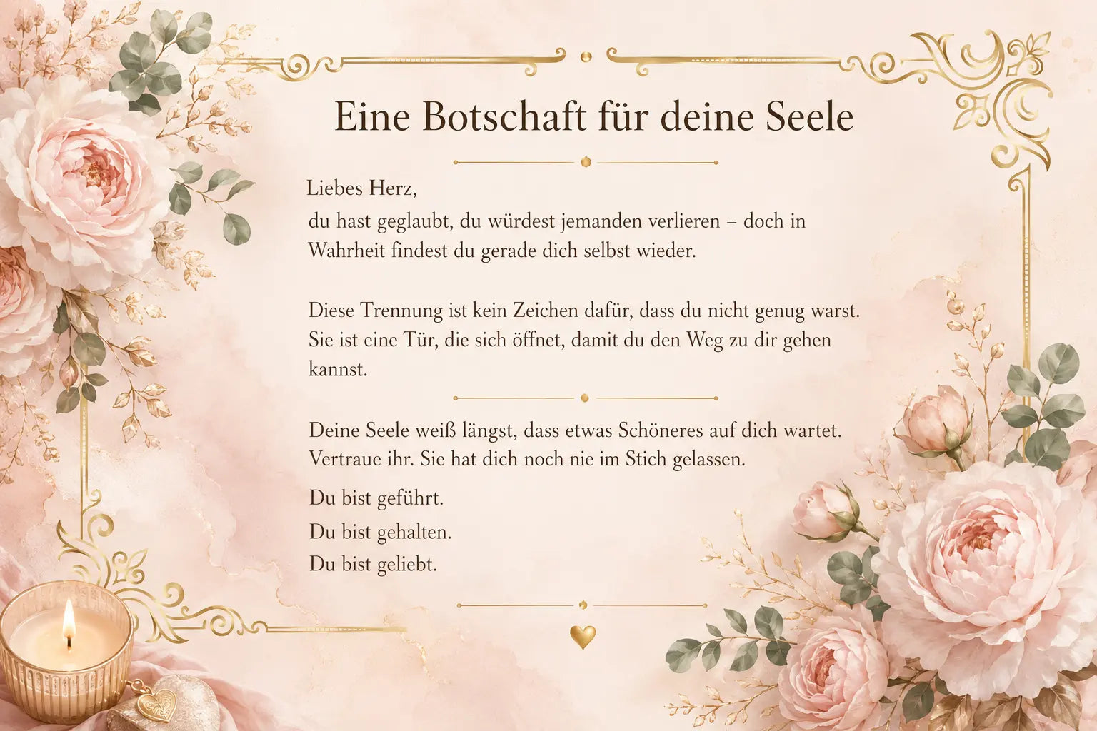 Innenseite des E-Books mit dem Text „Eine Botschaft für deine Seele“, umrahmt von rosa Rosen und goldenen Verzierungen