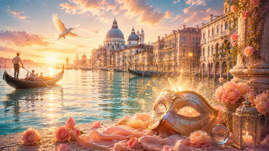 Leuchtende venezianische Maske mit heiliger Geometrie am Canal Grande bei Sonnenaufgang – Bewusstsein neu ausrichten und Muster der Realität erkennen