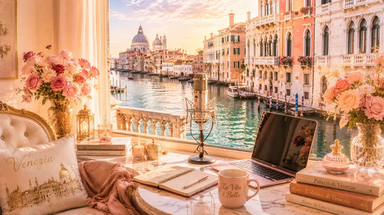 Mikrofon und Laptop am Fenster eines venezianischen Palazzo mit Blick auf den Canal Grande – Hörbuchsprecher werden und die eigene Stimme zum Beruf machen