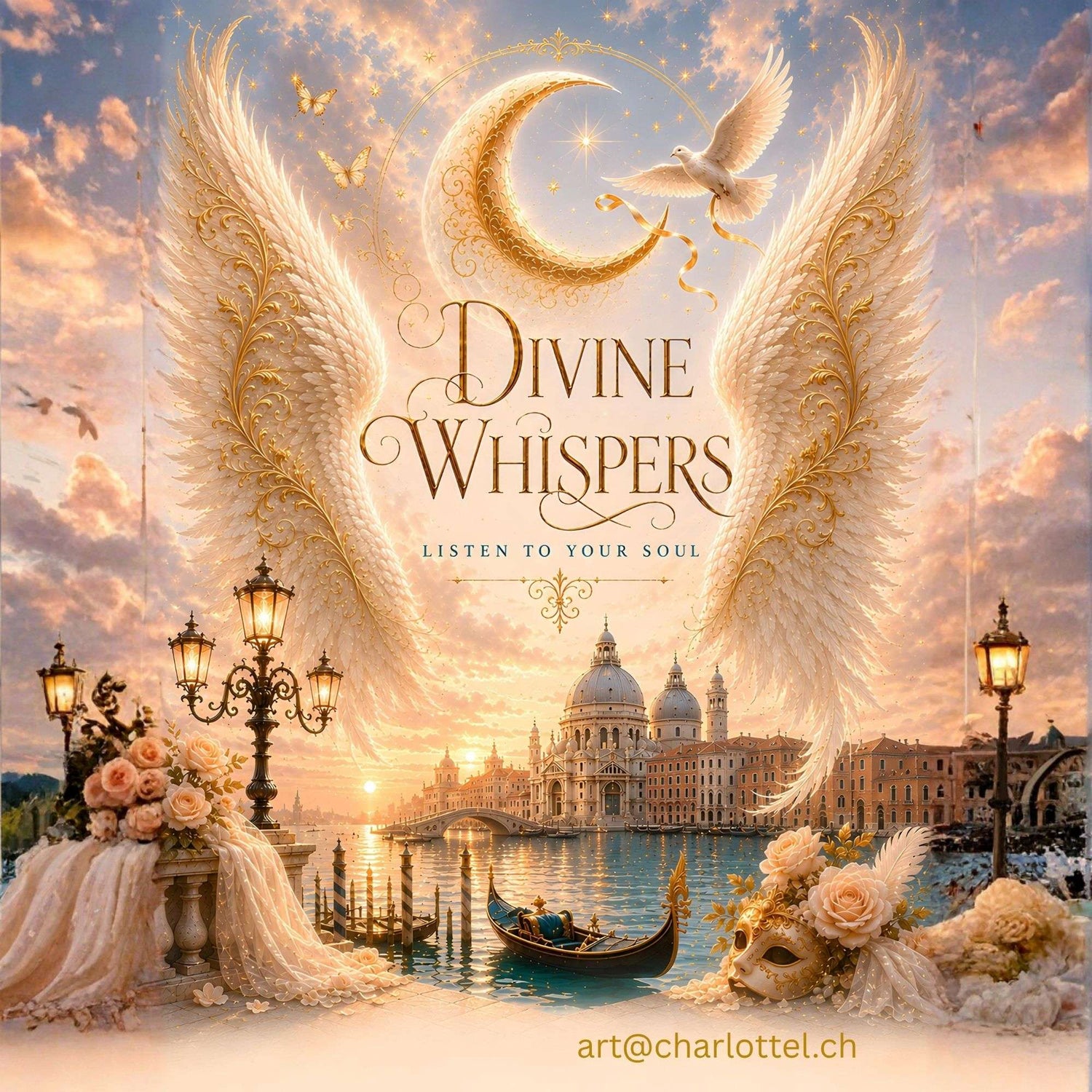 Divine Whispers Premium Poster – Goldener Sonnenuntergang über Venedig mit weißer Taube, spirituelle Wandkunst von Medium Charlotte