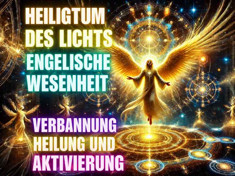 Heiligtum des Lichts – leuchtende engelische Wesenheit mit goldenen Flügeln für Verbannung, Heilung und Aktivierung